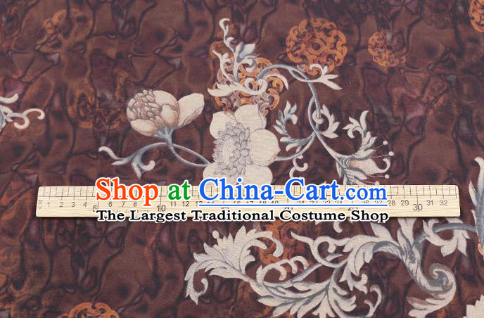 Chinese Silk Fabric Traditional Cheongsam Gambiered Guangdong Gauze Classical Flowers Pattern Brown Brocade Drapery