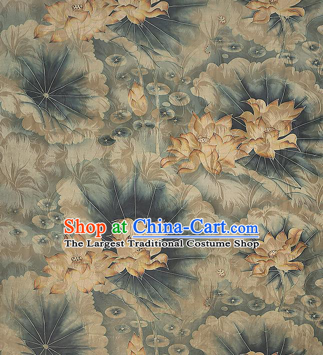 Chinese Classical Lotus Pattern Silk Drapery Traditional Cheongsam Gambiered Guangdong Gauze Blue Brocade Fabric