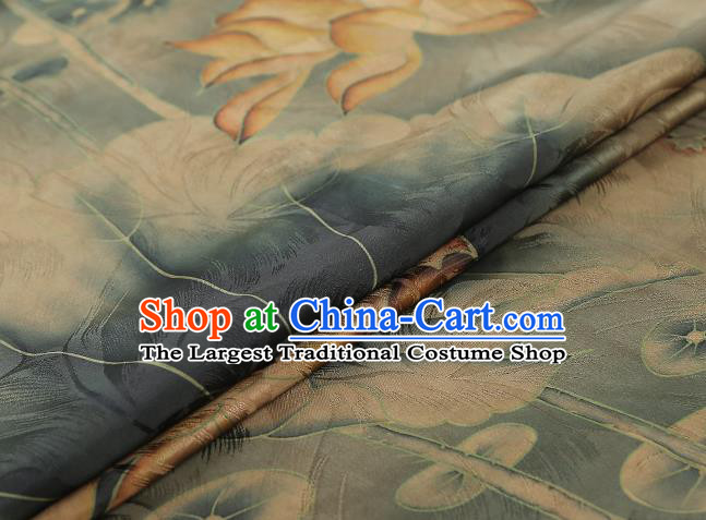 Chinese Classical Lotus Pattern Silk Drapery Traditional Cheongsam Gambiered Guangdong Gauze Blue Brocade Fabric
