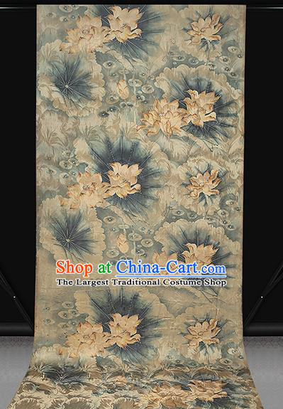 Chinese Classical Lotus Pattern Silk Drapery Traditional Cheongsam Gambiered Guangdong Gauze Blue Brocade Fabric