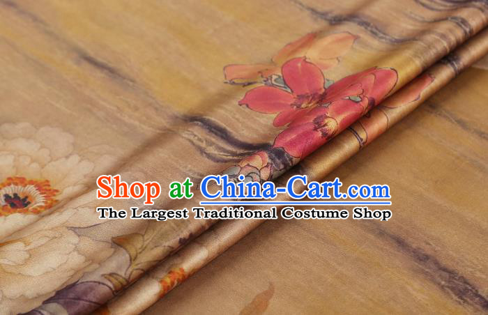 Chinese Classical Crane Peony Pattern Gambiered Guangdong Gauze Traditional Cheongsam Brocade Fabric Yellow Silk Drapery