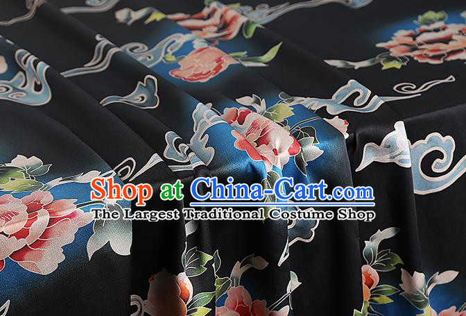 Chinese Silk Drapery Traditional Cheongsam Brocade Fabric Classical Peony Pattern Black Gambiered Guangdong Gauze