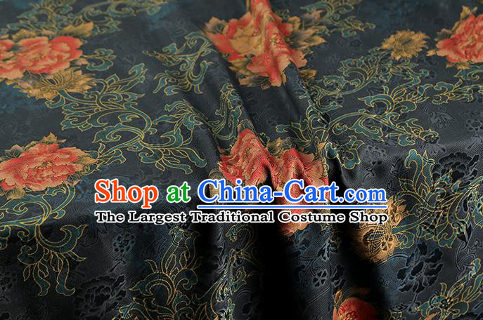 Chinese Classical Peony Pattern Navy Silk Drapery Traditional Cheongsam Brocade Fabric Gambiered Guangdong Gauze