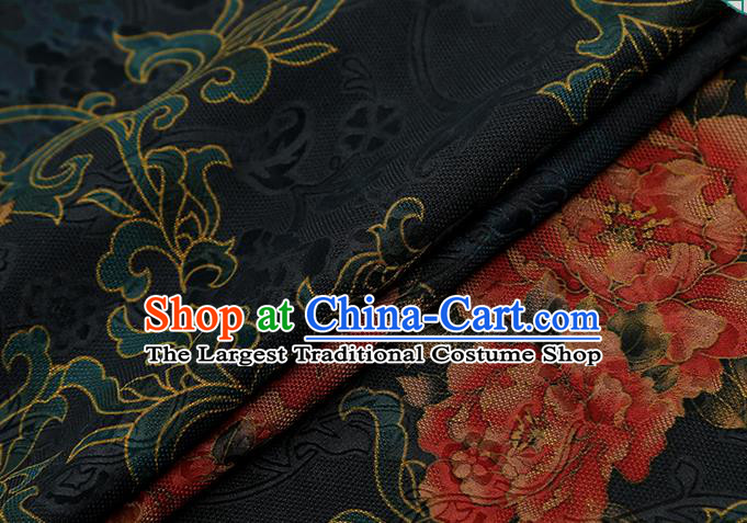 Chinese Classical Peony Pattern Navy Silk Drapery Traditional Cheongsam Brocade Fabric Gambiered Guangdong Gauze