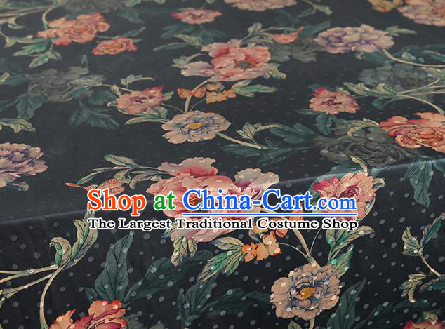 Chinese Traditional Peony Pattern Black Silk Drapery Classical Gambiered Guangdong Gauze Cheongsam Brocade Fabric