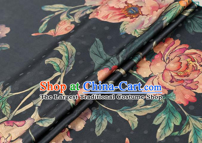 Chinese Traditional Peony Pattern Black Silk Drapery Classical Gambiered Guangdong Gauze Cheongsam Brocade Fabric