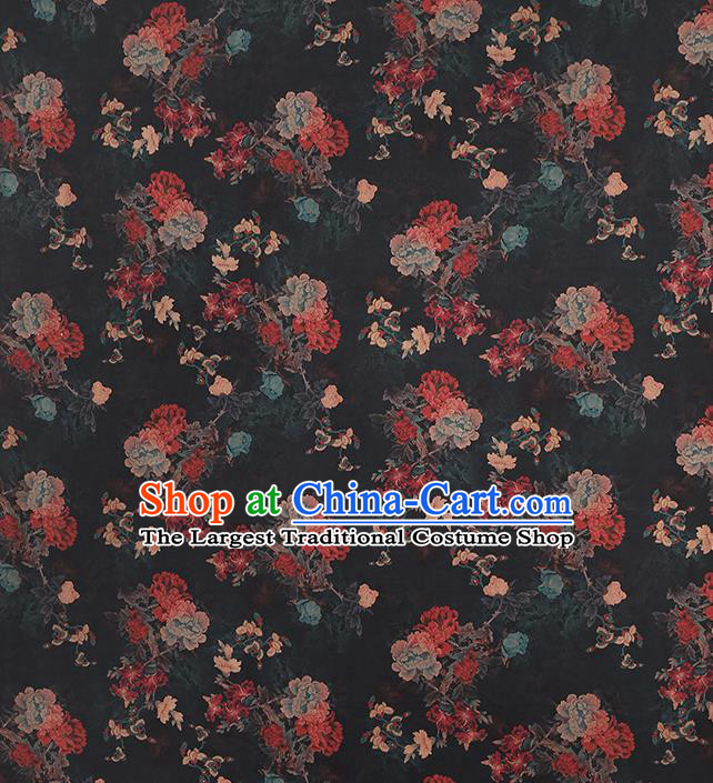 Chinese Traditional Black Brocade Fabric Classical Peony Pattern Silk Drapery Qipao Dress Gambiered Guangdong Gauze