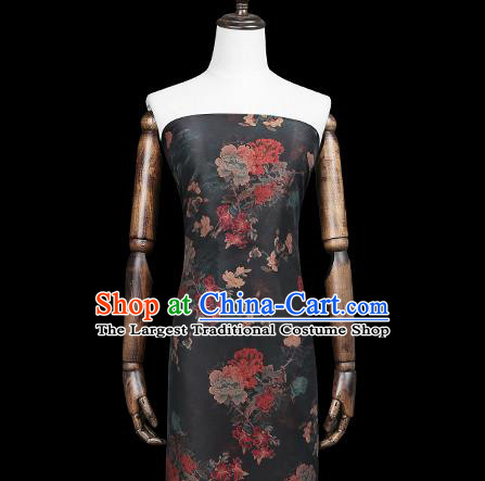Chinese Traditional Black Brocade Fabric Classical Peony Pattern Silk Drapery Qipao Dress Gambiered Guangdong Gauze