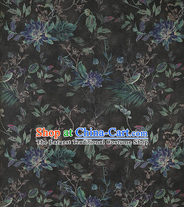 Chinese Classical Epiphyllum Pattern Black Silk Drapery Traditional Brocade Fabric Qipao Dress Satin