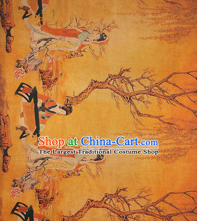 Chinese Traditional Yellow Gambiered Guangdong Gauze Qipao Dress Fabric Classical Beauty Wang Zhaojun Pattern Silk Drapery