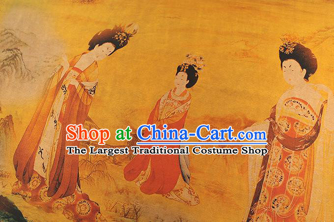 Chinese Classical Palace Beauty Pattern Silk Drapery Traditional Yellow Gambiered Guangdong Gauze Qipao Dress Fabric