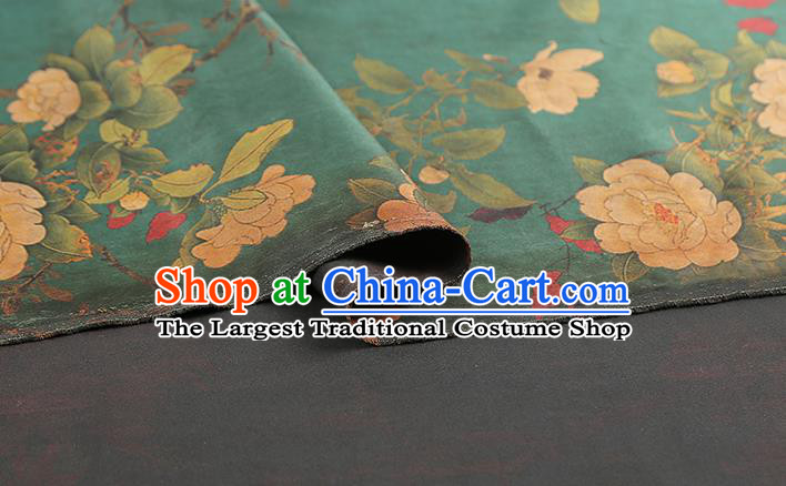 Chinese Gambiered Guangdong Gauze Qipao Dress Brocade Fabric Traditional Classical Camellia Pattern Green Silk Drapery