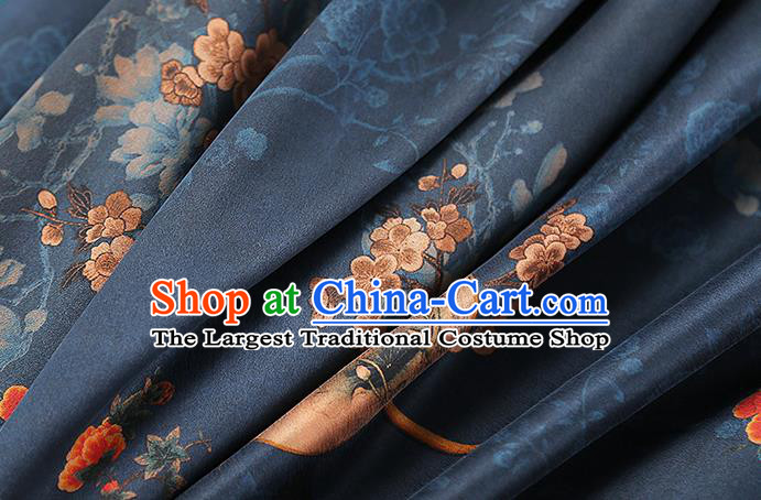 Chinese Classical Plum Blossom Fan Pattern Silk Fabric Navy Gambiered Guangdong Gauze Traditional Qipao Dress Brocade Cloth