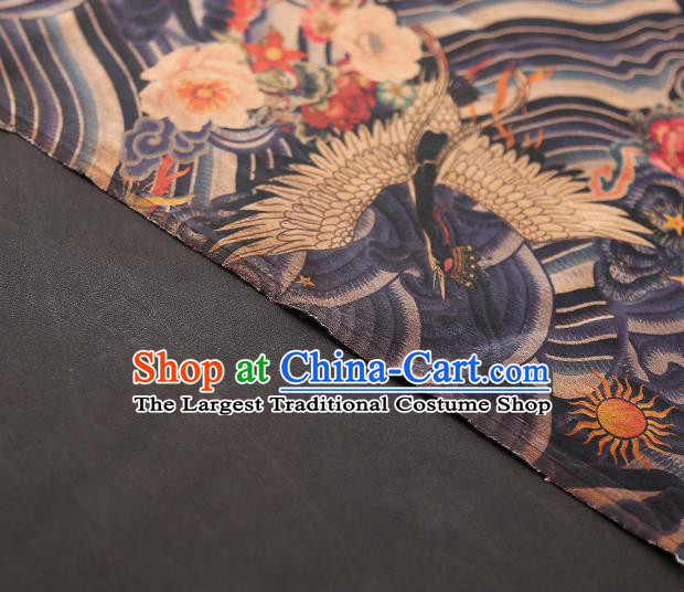 Chinese Qipao Dress Navy Brocade Cloth Traditional Gambiered Guangdong Gauze Classical Wave Cranes Pattern Silk Fabric