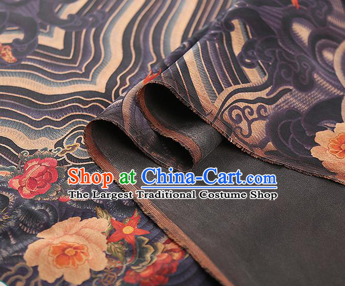 Chinese Qipao Dress Navy Brocade Cloth Traditional Gambiered Guangdong Gauze Classical Wave Cranes Pattern Silk Fabric
