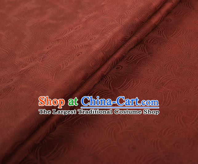 Chinese Classical Feather Pattern Rust Red Silk Fabric Traditional Gambiered Guangdong Gauze Qipao Dress Jacquard Satin Cloth