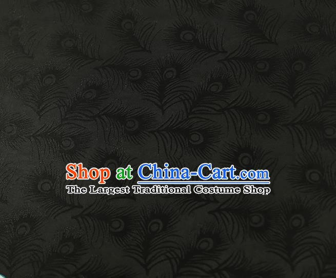 Chinese Qipao Dress Jacquard Black Satin Cloth Traditional Gambiered Guangdong Gauze Classical Feather Pattern Silk Fabric