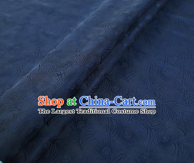 Chinese Qipao Dress Jacquard Navy Blue Satin Cloth Classical Feather Pattern Silk Fabric Traditional Gambiered Guangdong Gauze