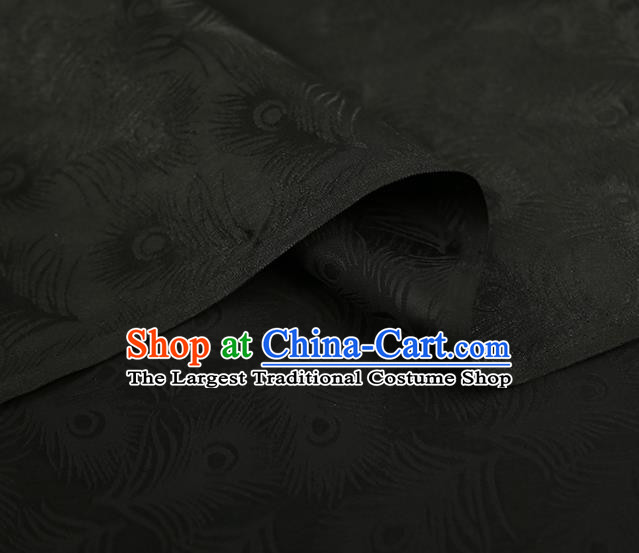 Chinese Qipao Dress Jacquard Black Satin Cloth Traditional Gambiered Guangdong Gauze Classical Feather Pattern Silk Fabric