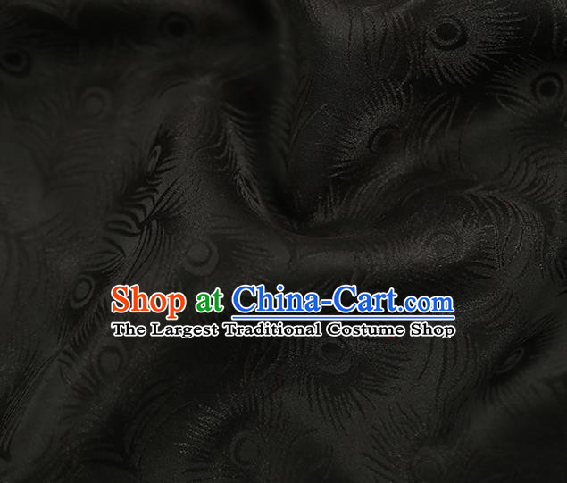 Chinese Qipao Dress Jacquard Black Satin Cloth Traditional Gambiered Guangdong Gauze Classical Feather Pattern Silk Fabric