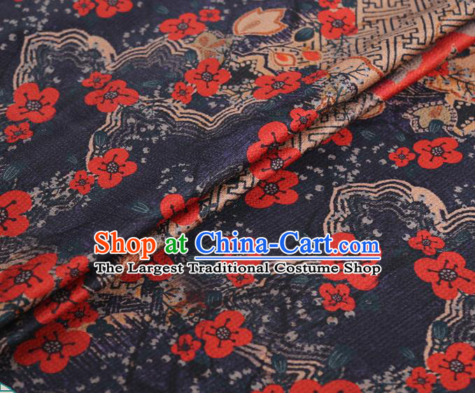 Chinese Traditional Navy Blue Brocade Cloth Qipao Dress Classical Plum Blossom Pattern Silk Fabric Gambiered Guangdong Gauze
