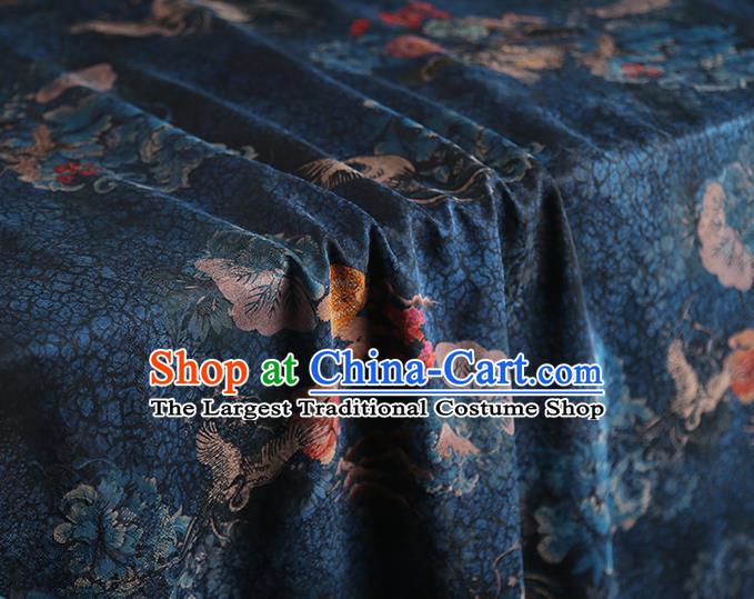 Chinese Qipao Dress Classical Crane Peony Pattern Silk Fabric Traditional Navy Brocade Cloth Gambiered Guangdong Gauze