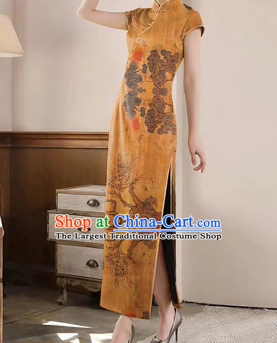 Chinese Qipao Dress Classical Pine Crane Pattern Silk Fabric Gambiered Guangdong Gauze Traditional Ginger Brocade Cloth