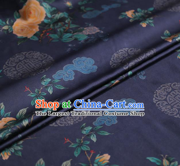 Chinese Traditional Cheongsam Deep Blue Brocade Material Classical Roses Pattern Silk Fabric