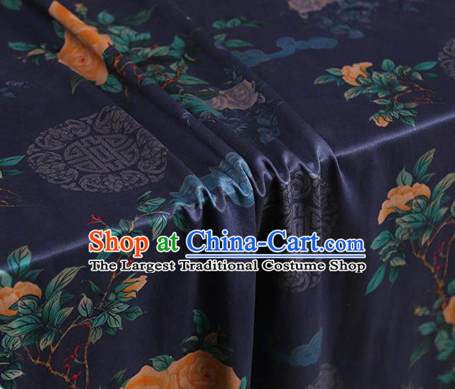 Chinese Traditional Cheongsam Deep Blue Brocade Material Classical Roses Pattern Silk Fabric