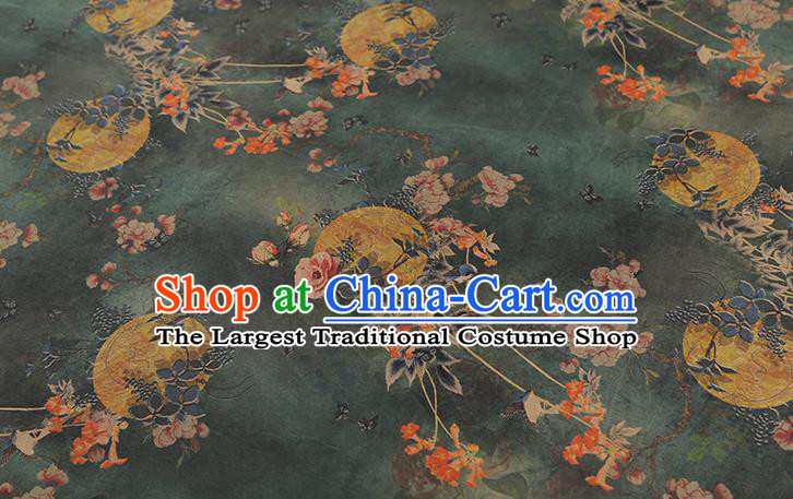 Chinese Classical Moon Flowers Pattern Green Gambiered Guangdong Gauze Drapery Traditional Qipao Dress Silk Fabric