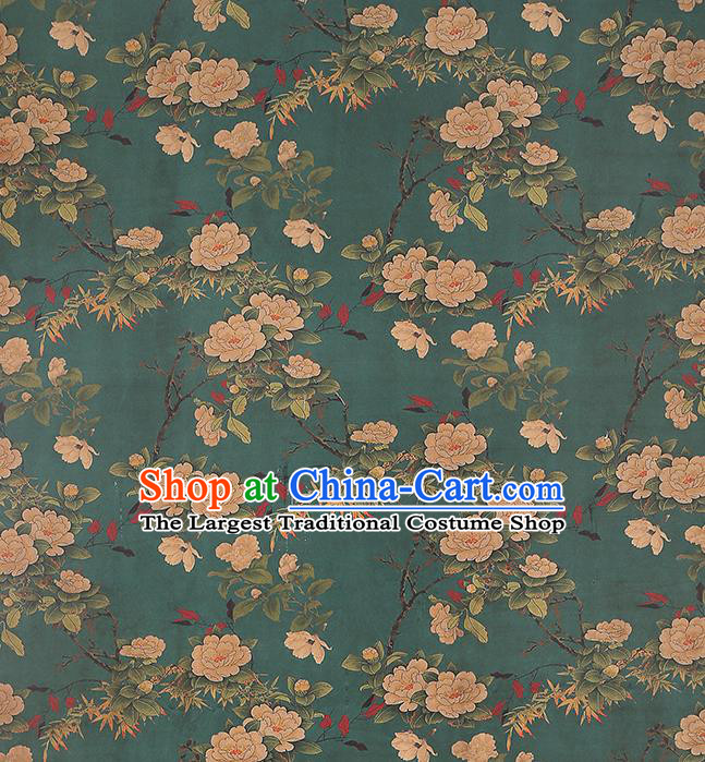 Chinese Gambiered Guangdong Gauze Qipao Dress Brocade Fabric Traditional Classical Camellia Pattern Green Silk Drapery
