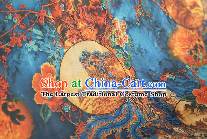 Chinese Traditional Qipao Dress Blue Silk Fabric Classical Phoenix Pattern Gambiered Guangdong Gauze
