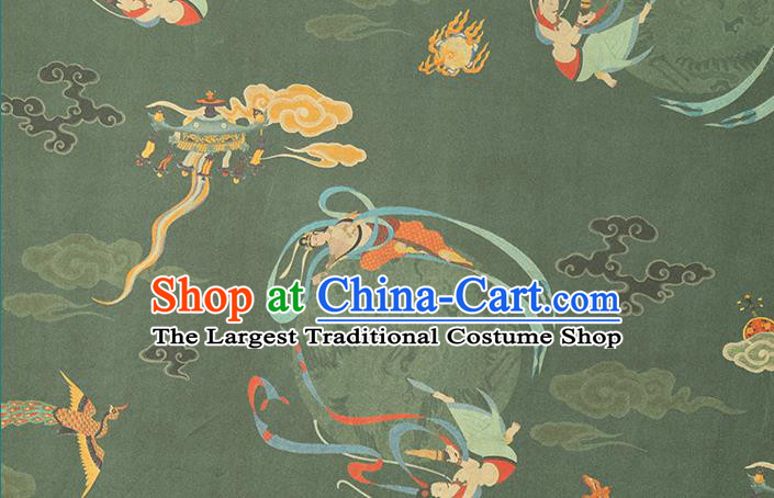Chinese Classical Cloud Goddess Pattern Green Gambiered Guangdong Gauze Drapery Traditional Qipao Dress Silk Fabric