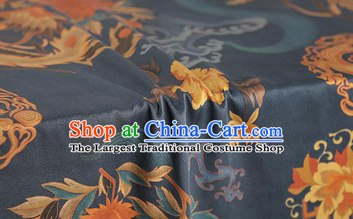 Chinese Classical Printing Phoenix Peony Gambiered Guangdong Gauze Traditional Qipao Dress Navy Silk Fabric
