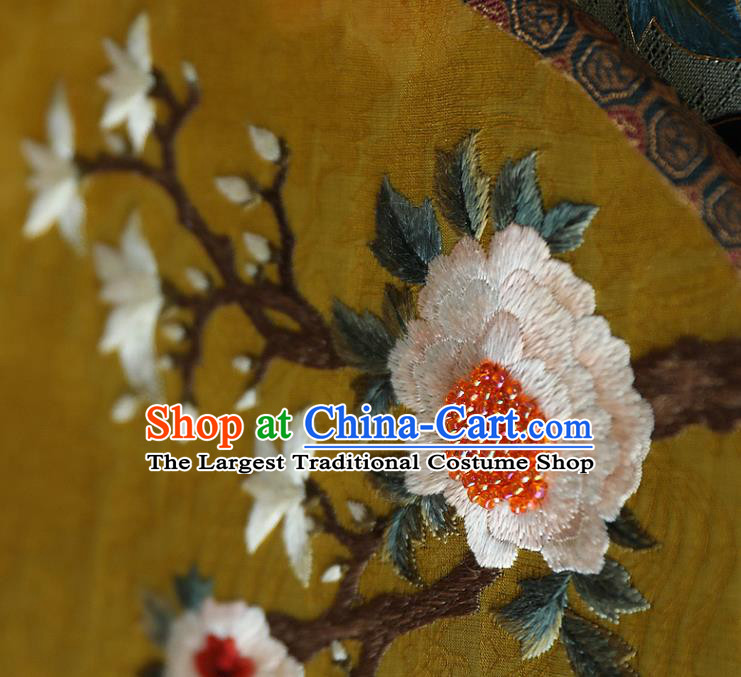 China Ancient Bride Ebony Fan Handmade Embroidered Fans Traditional Wedding Hanfu Yellow Silk Palace Fan