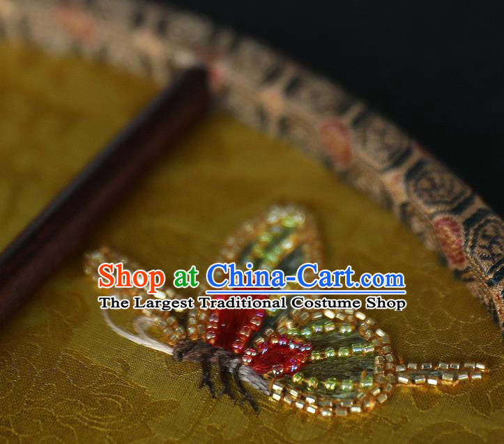 China Ancient Bride Ebony Fan Handmade Embroidered Fans Traditional Wedding Hanfu Yellow Silk Palace Fan