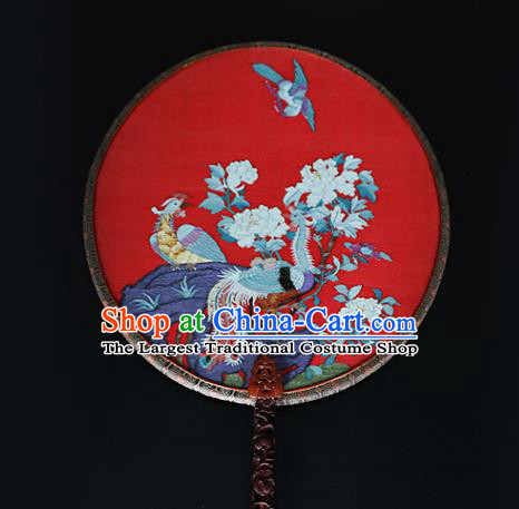 China Traditional Hanfu Red Silk Palace Fan Ancient Princess Circular Fan Handmade Wedding Embroidered Phoenix Peony Fans