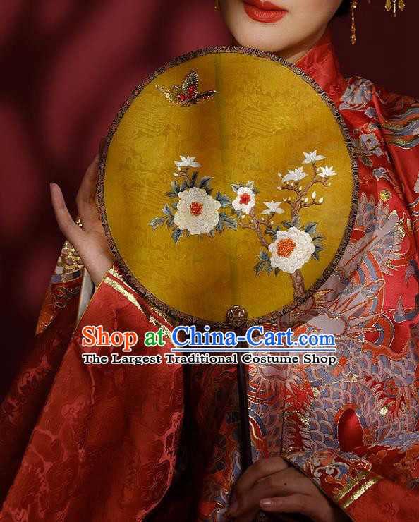 China Ancient Bride Ebony Fan Handmade Embroidered Fans Traditional Wedding Hanfu Yellow Silk Palace Fan