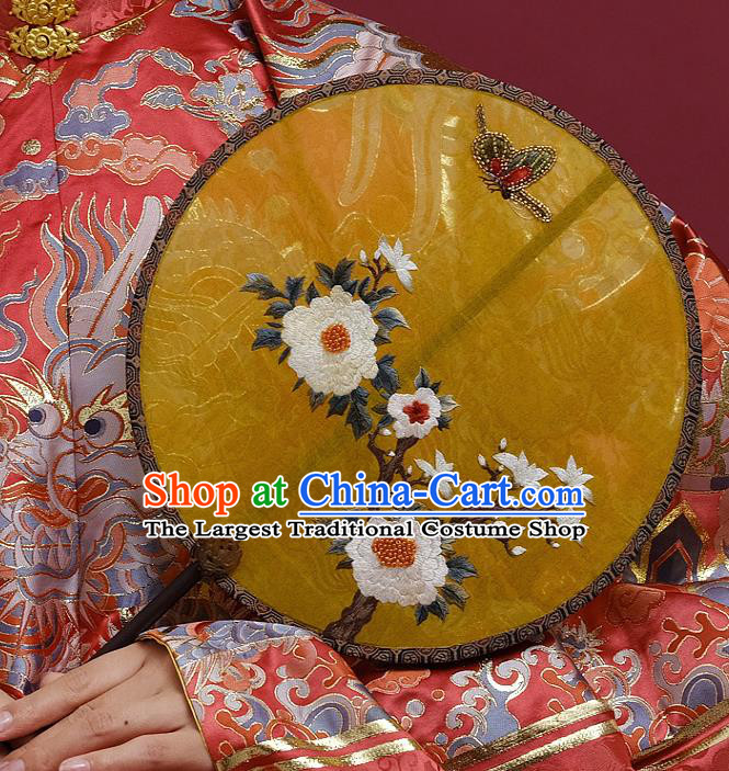China Ancient Bride Ebony Fan Handmade Embroidered Fans Traditional Wedding Hanfu Yellow Silk Palace Fan