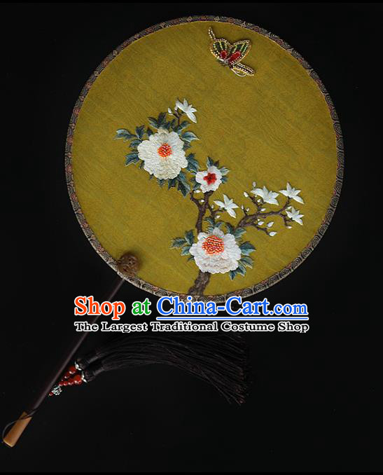 China Ancient Bride Ebony Fan Handmade Embroidered Fans Traditional Wedding Hanfu Yellow Silk Palace Fan