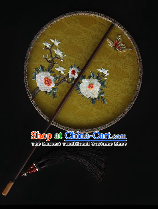 China Ancient Bride Ebony Fan Handmade Embroidered Fans Traditional Wedding Hanfu Yellow Silk Palace Fan