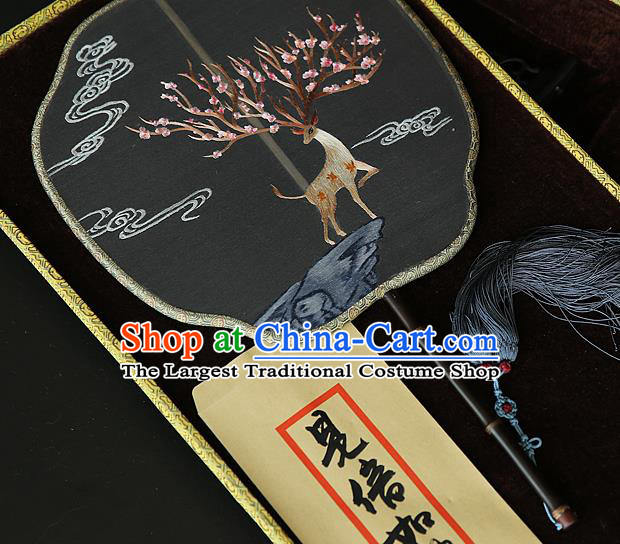 China Ancient Court Princess Black Silk Fan Handmade Embroidered Deer Fans Traditional Hanfu Palace Fan