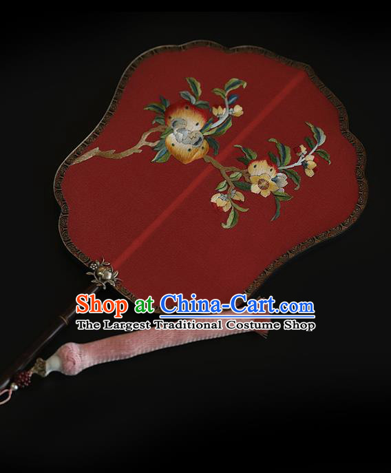 China Handmade Fans Traditional Hanfu Red Silk Fan Wedding Embroidered Peach Palace Fan