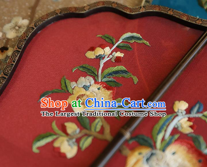 China Handmade Fans Traditional Hanfu Red Silk Fan Wedding Embroidered Peach Palace Fan