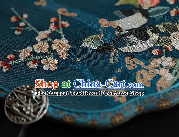 China Wedding Blue Palm Leaf Fan Handmade Traditional Hanfu Blue Silk Fan Printing Plum Blossom Palace Fan