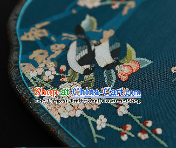 China Wedding Blue Palm Leaf Fan Handmade Traditional Hanfu Blue Silk Fan Printing Plum Blossom Palace Fan