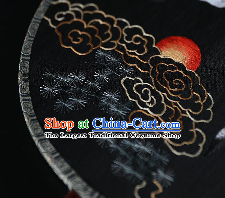 China Traditional Hanfu Black Silk Fan Ancient Court Princess Palace Fan Handmade Embroidered Cloud Crane Fans