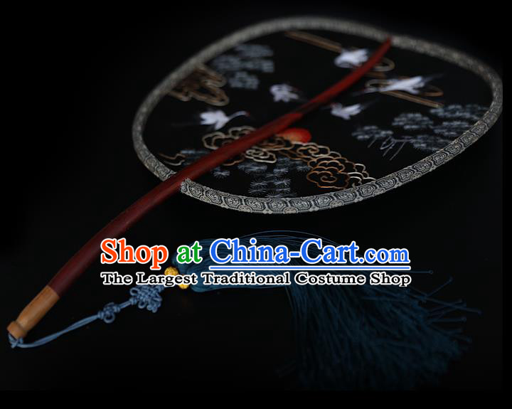 China Traditional Hanfu Black Silk Fan Ancient Court Princess Palace Fan Handmade Embroidered Cloud Crane Fans