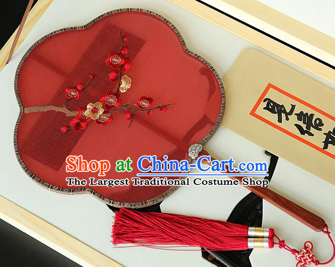 China Ancient Court Princess Palace Fan Handmade Embroidered Plum Blossom Fans Traditional Hanfu Red Silk Fan