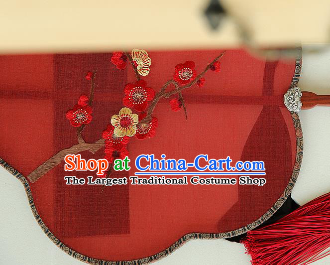 China Ancient Court Princess Palace Fan Handmade Embroidered Plum Blossom Fans Traditional Hanfu Red Silk Fan